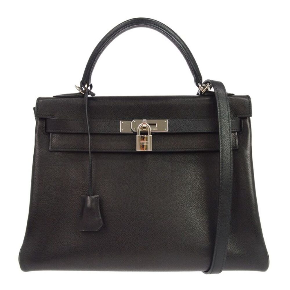 Hermes Kelly Black Evercalf With Palladium Hardware Black Leather Handbag